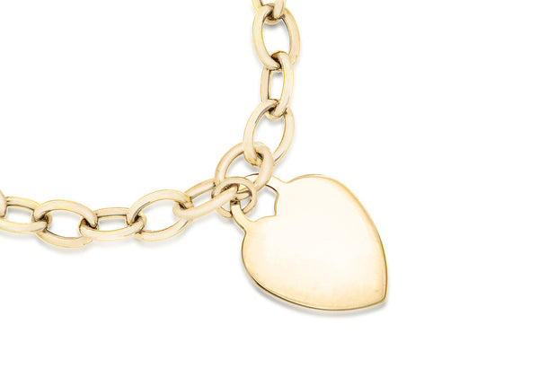 9ct Yellow Gold Oval Belcher & Heart Tag Bracelet 18 cm