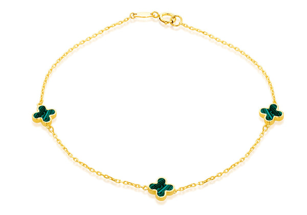 9ct Yellow Gold 3 Malachite Petal Bracelet 19 cm