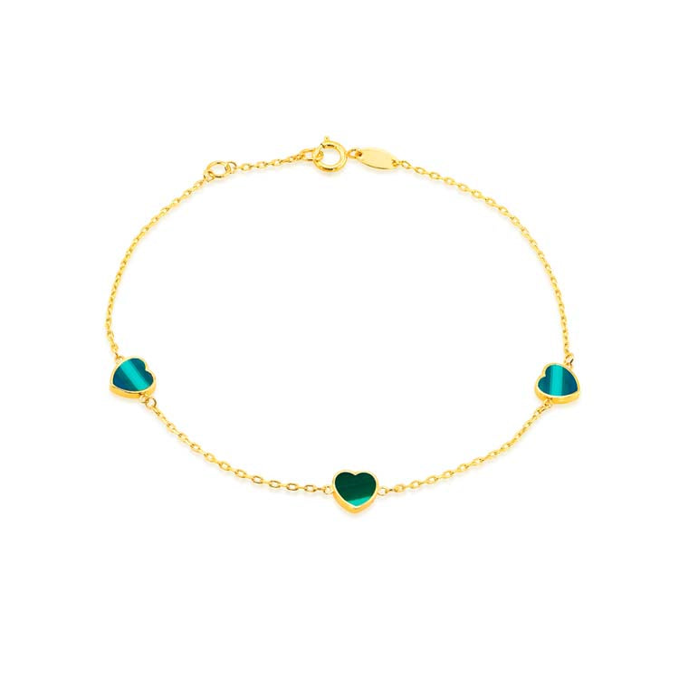 9ct Yellow Gold Malachite Heart Bracelet 19cm