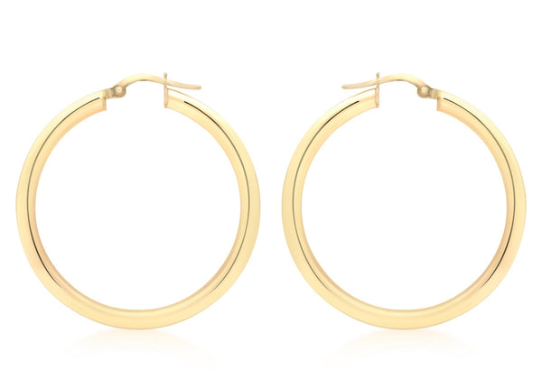 9ct Yellow Gold 3mm Round Hoop Earrings 35mm