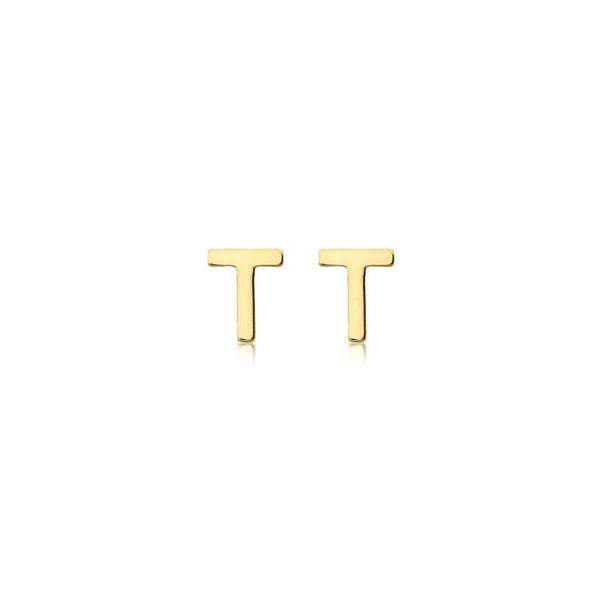 9ct Yellow Gold Mini Initial 'T' Stud Earrings