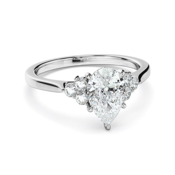 Pear Cut Diamond Engagement Ring With Diamond Cluster Sides