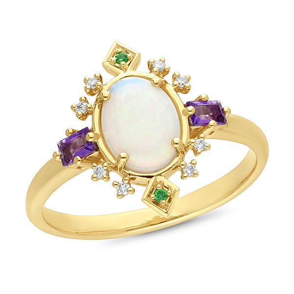 0.86ct Opal, Diamond & Multicoloured Gemstone Ring in 9ct Yellow Gold