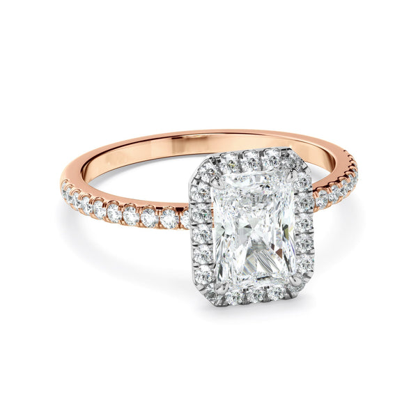 Radiant Cut Diamond Halo Engagement Ring With Pave Band