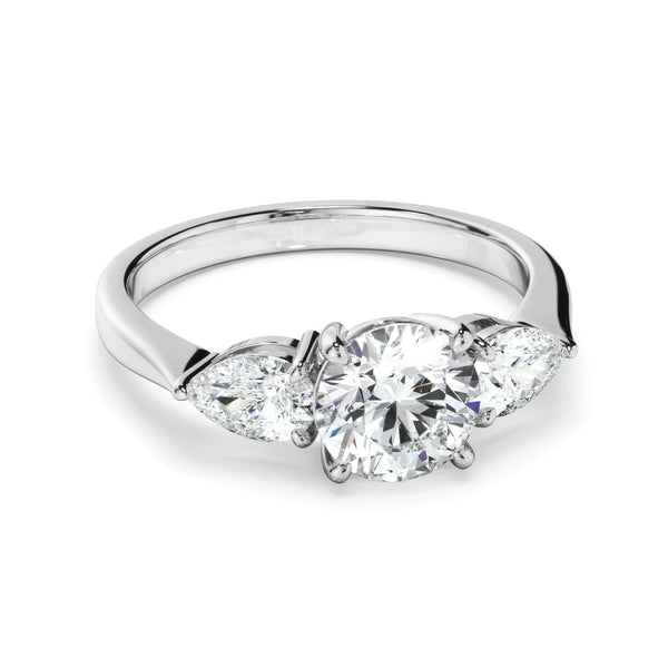 Round Brilliant Cut Diamond Engagement Ring With Pear Cut Diamond Sides