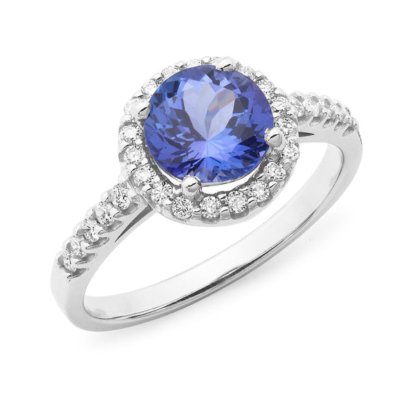 Tanzanite & Diamond Claw & Bead Set Dress Ring in 9ct White Gold