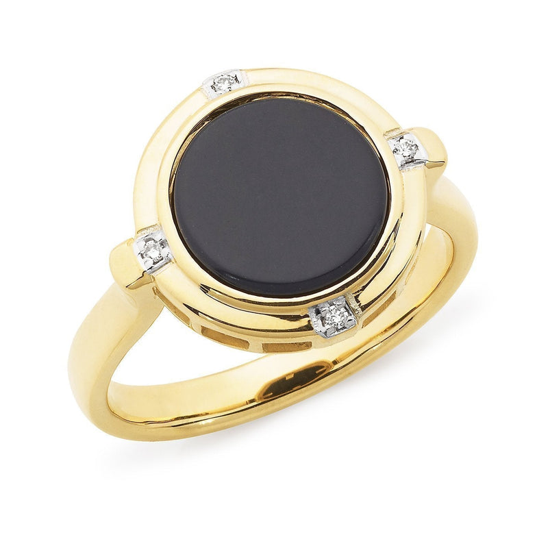 Onyx & Diamond Bezel Set Dress Ring in 9ct Yellow Gold