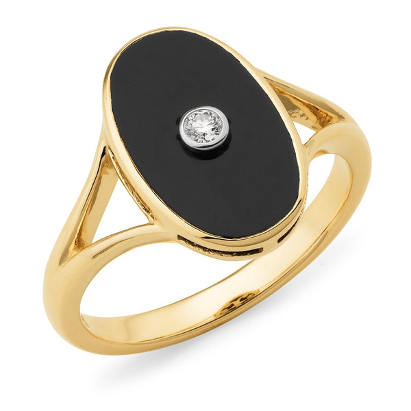 Onyx & Diamond Bezel Set Dress Ring in 9ct Yellow Gold