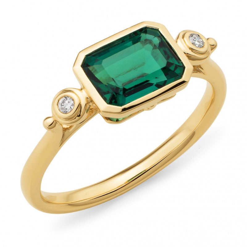 1.5ct Created Emerald & Diamond Bezel Set Dress Ring in 9ct Yellow Gold