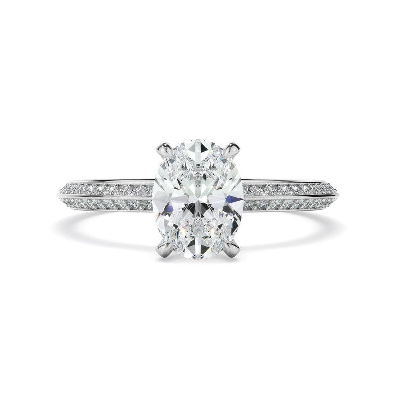 Oval Cut Diamond Knife Edge Engagement Ring With Diamond Pave Sides