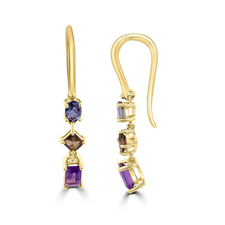 Iolite, Smokey Qtz, Amethyst Drop Earrings in 9ct Yellow Gold