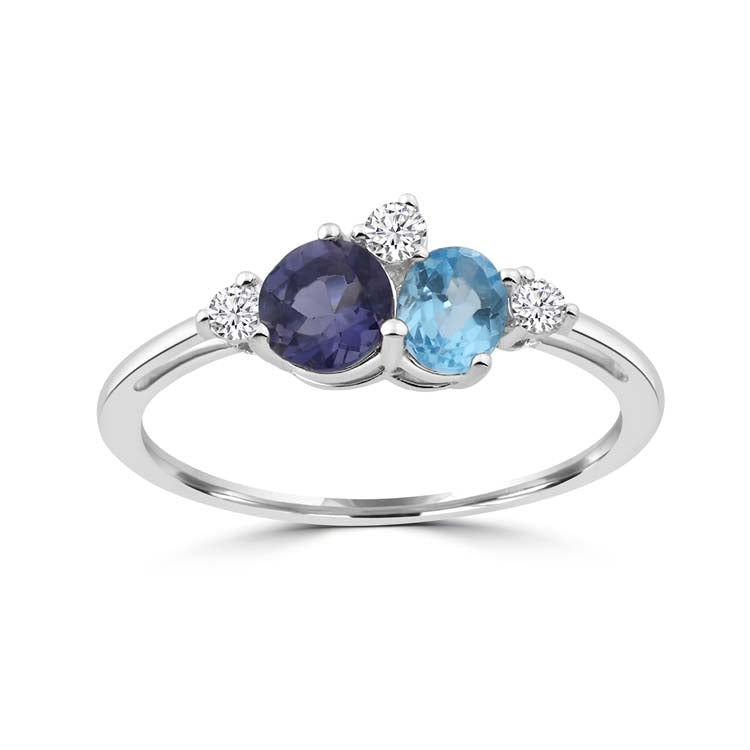 Diamond, Blue Topaz, Iolite Ring with 0.115ct Diamonds in 9ct White Gold