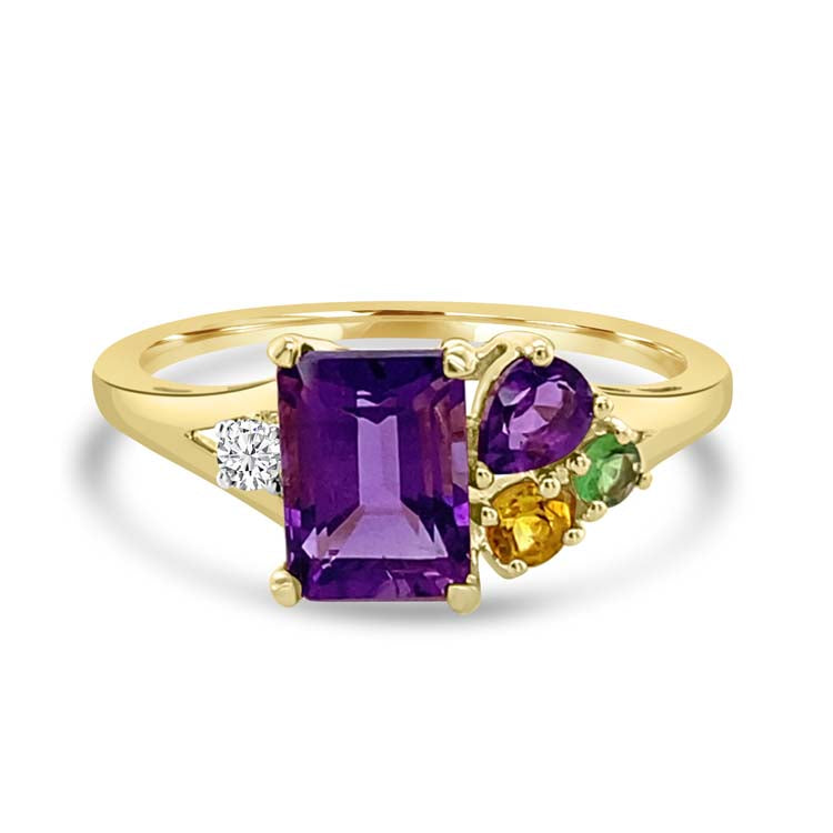 Diamond, Amethyst, Citrine, Tsavourite Ring with 0.03ct Diamonds in 9ct Yellow Gold