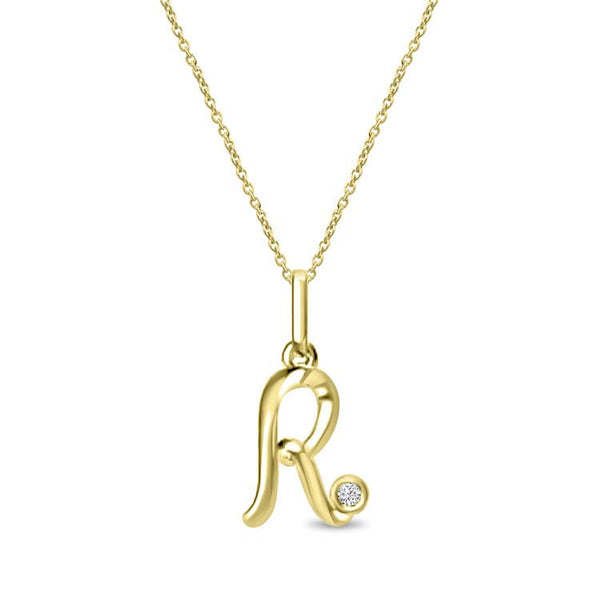 Diamond Initial 'R' Necklace 40-45cm with 0.018ct Diamonds in 9ct Yellow Gold