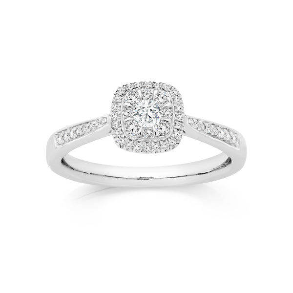 9ct white gold 0.33ct diamond cushion shape halo ring