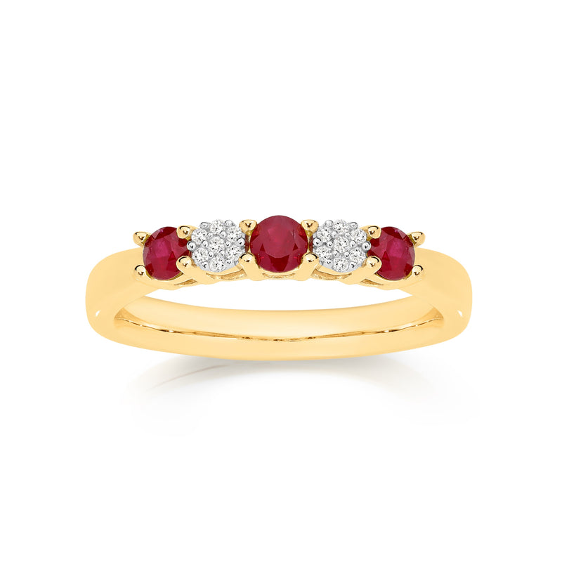 9ct ruby anniversary ring with diamond clusters