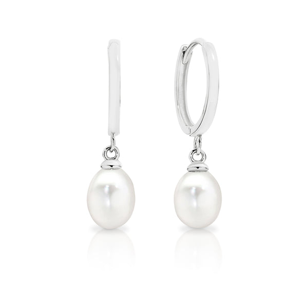 9ct white gold pearl dangle huggies