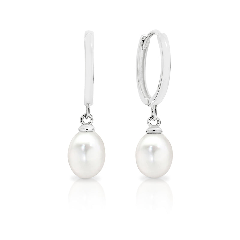 9ct white gold pearl dangle huggies