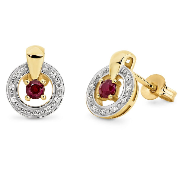 Ruby & Diamond Halo Stud Earrings in 9ct Yellow Gold