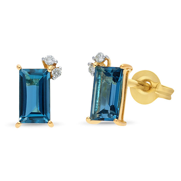 Emerald Cut London Blue Topaz & Diamond Earrings 9ct Yellow Gold