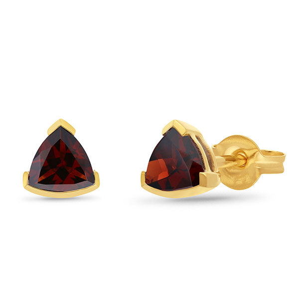 Trilliant Cut Garnet Earrings in 9ct Yellow Gold