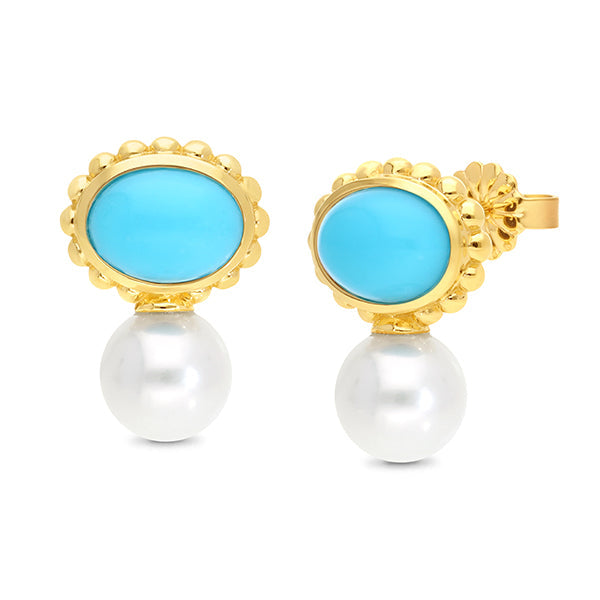 Freshwater Pearl & Turquoise Earrings in 9ct Yellow Gold