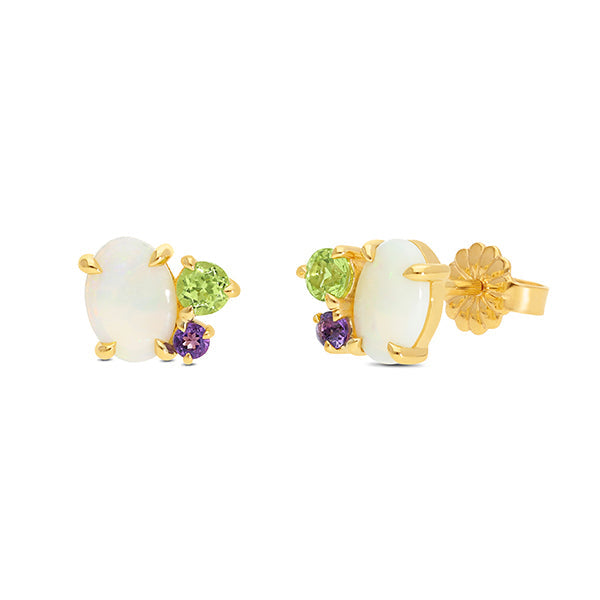 Opal, Amethyst & Period Stud Earrings in 9ct Yellow Gold