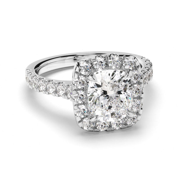 Cushion Cut Diamond Halo Engagement Ring with Diamond Sides