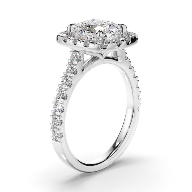 Cushion Cut Diamond Halo Engagement Ring with Diamond Sides