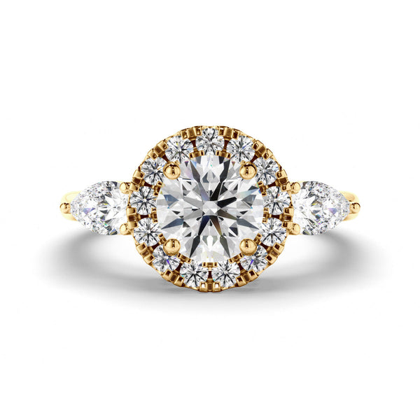 Round Brilliant Cut Diamond Halo Engagement Ring with Pear Sides