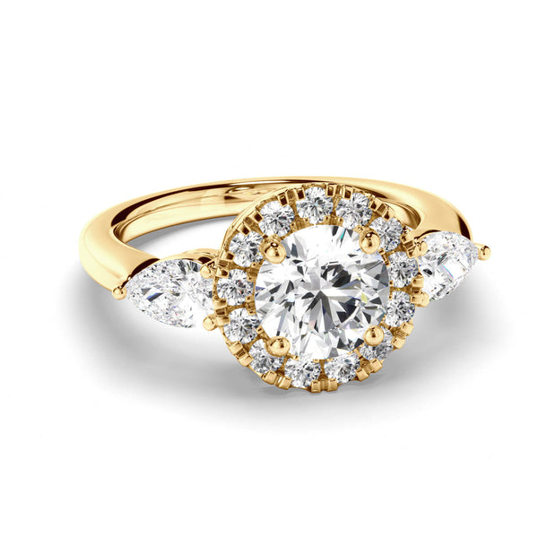 Round Brilliant Cut Diamond Halo Engagement Ring with Pear Sides