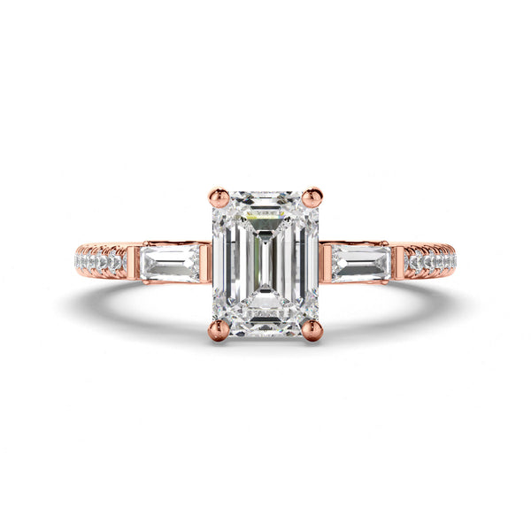 Emerald Cut Diamond Engagement Ring with Baguette & Pave Sides