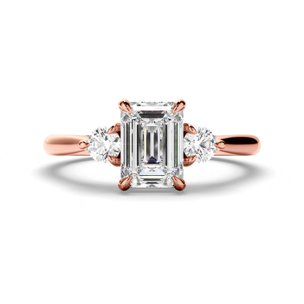 Emerald Cut Diamond Trilogy Engagement Ring with Round Brilliant Sides