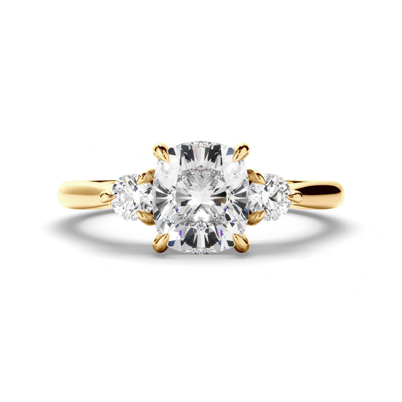 Cushion Cut Diamond Trilogy Engagement Ring with Round Brilliant Sides