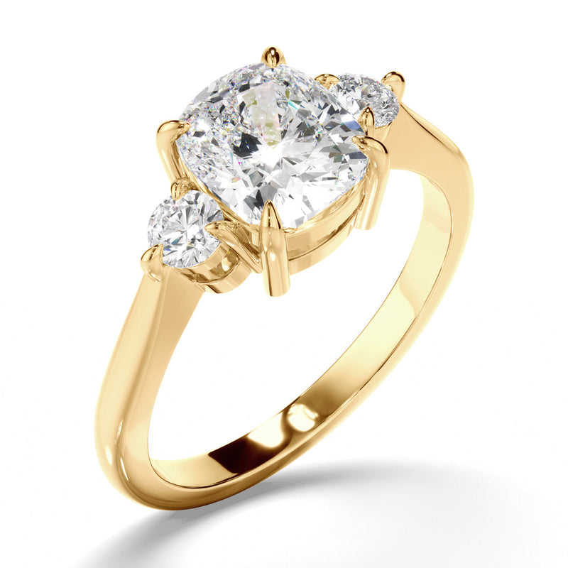 Cushion Cut Diamond Trilogy Engagement Ring with Round Brilliant Sides