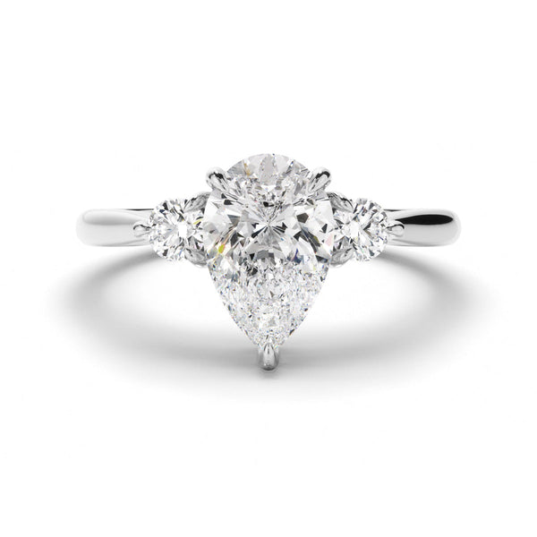 Pear Cut Diamond Trilogy Engagement Ring with Round Brilliant Sides