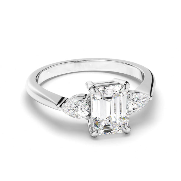 Emerald Cut Diamond Trilogy Engagement Ring with Pear Sides