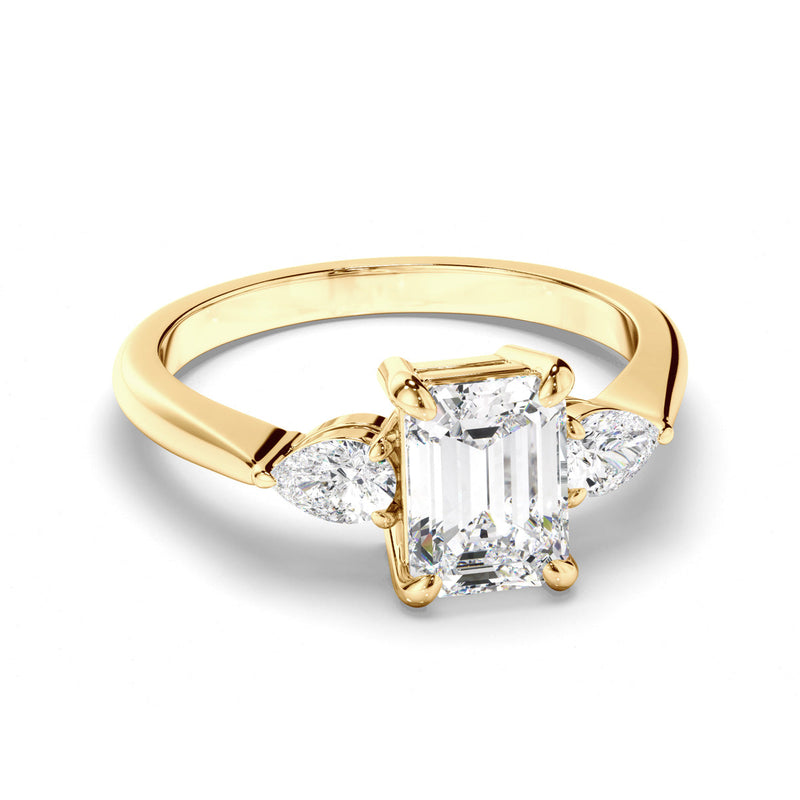 Emerald Cut Diamond Trilogy Engagement Ring with Pear Sides