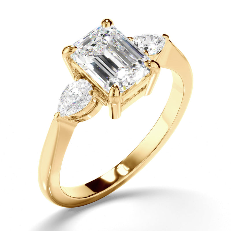 Emerald Cut Diamond Trilogy Engagement Ring with Pear Sides