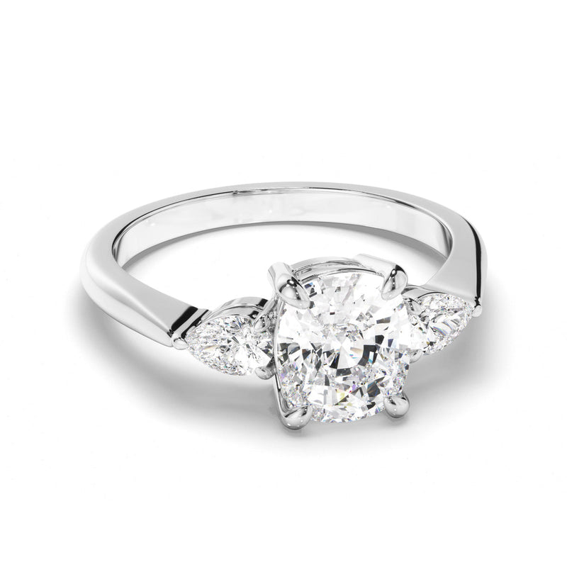 Cushion Cut Diamond Trilogy Engagement Ring with Pear Sides