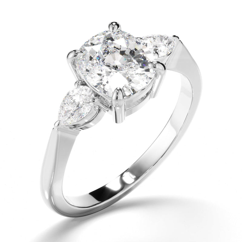 Cushion Cut Diamond Trilogy Engagement Ring with Pear Sides