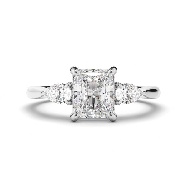 Radiant Cut Diamond Trilogy Engagement Ring with Pear Sides