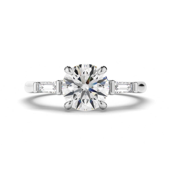 Round Brilliant Cut Diamond Trilogy Engagement Ring with Baguette Sides