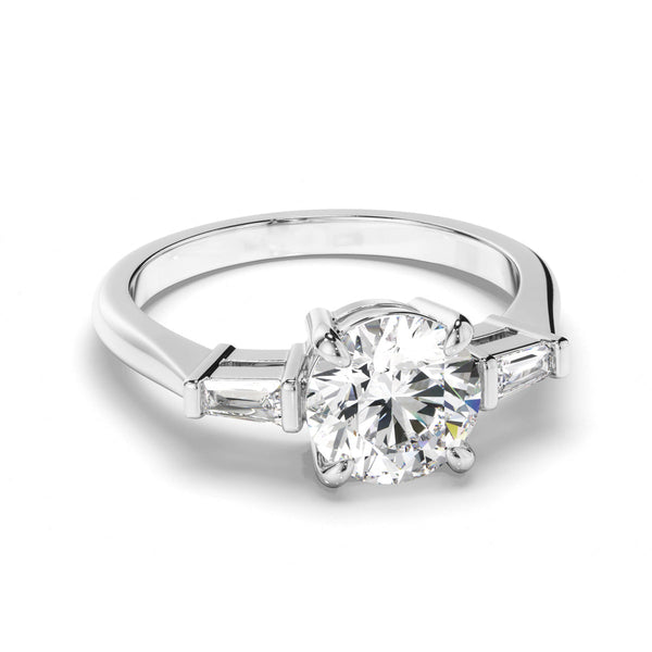 Round Brilliant Cut Diamond Trilogy Engagement Ring with Baguette Sides