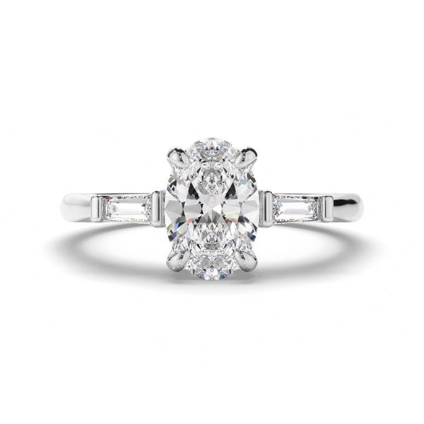 Oval Cut Diamond Trilogy Engagement Ring with Baguette Sides