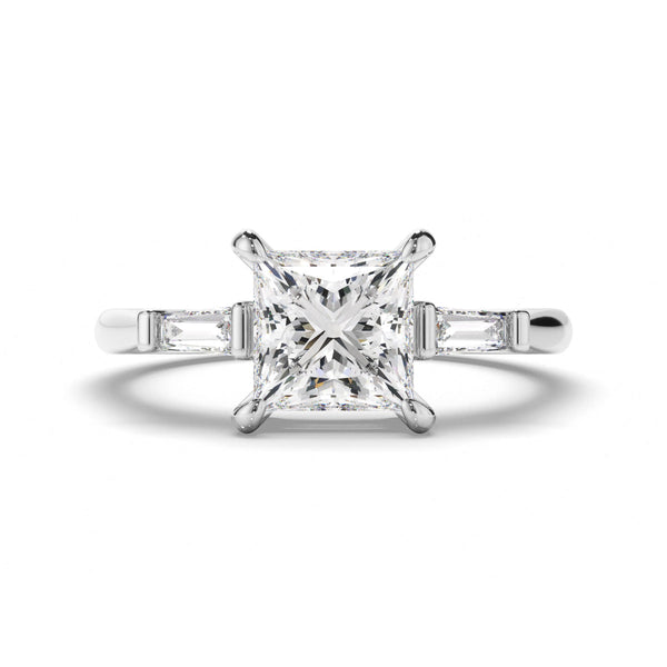 Princess Cut Diamond Trilogy Engagement Ring with Baguette Sides