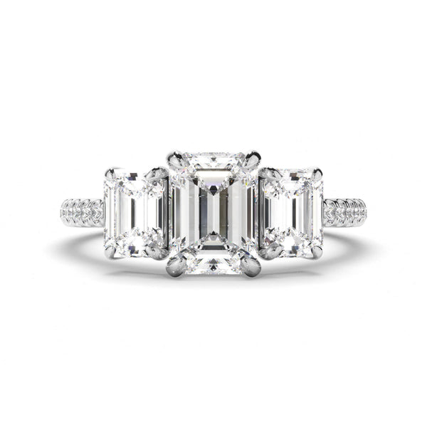 Emerald Cut Diamond Trilogy Engagement Ring with Pave Sides