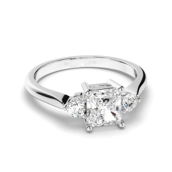 Radiant Cut Diamond Trilogy Engagement Ring with Round Brilliant Sides