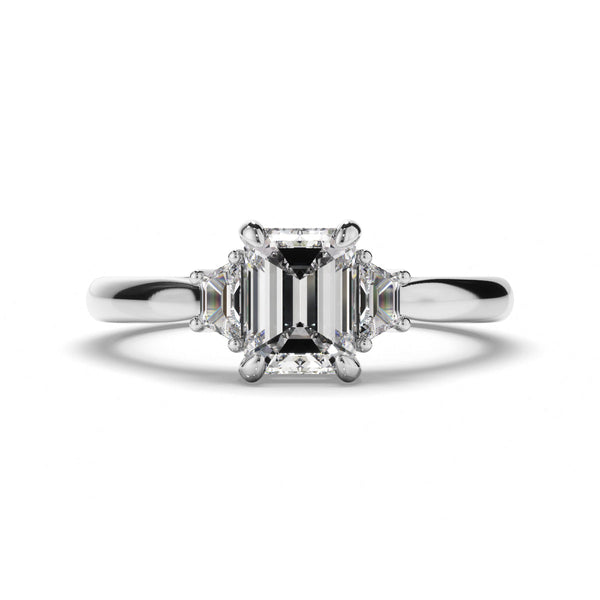 Emerald Cut Diamond Trilogy Engagement Ring with Baguette Sides