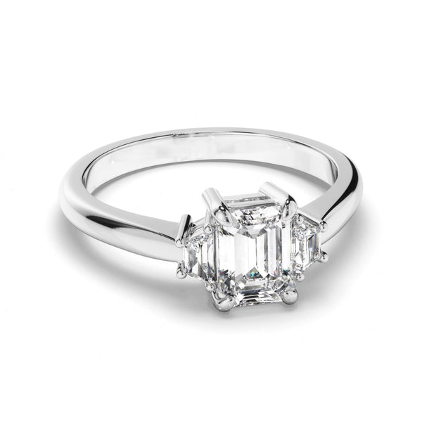 Emerald Cut Diamond Trilogy Engagement Ring with Baguette Sides